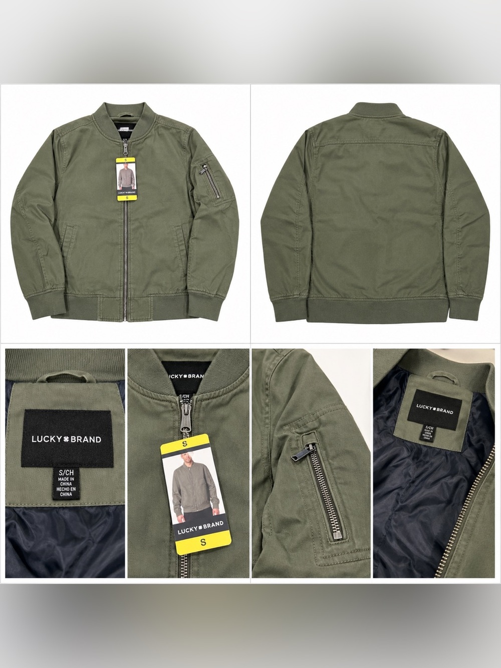 Lucky Brand Olive Green Bomber Jacket with Zip Sleeve Pocket small